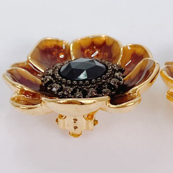 VTG Signed Alana Stewart Gold Tone Enamel Floral Clip On Earrings 1980s Jewelry - Picture 11 of 11